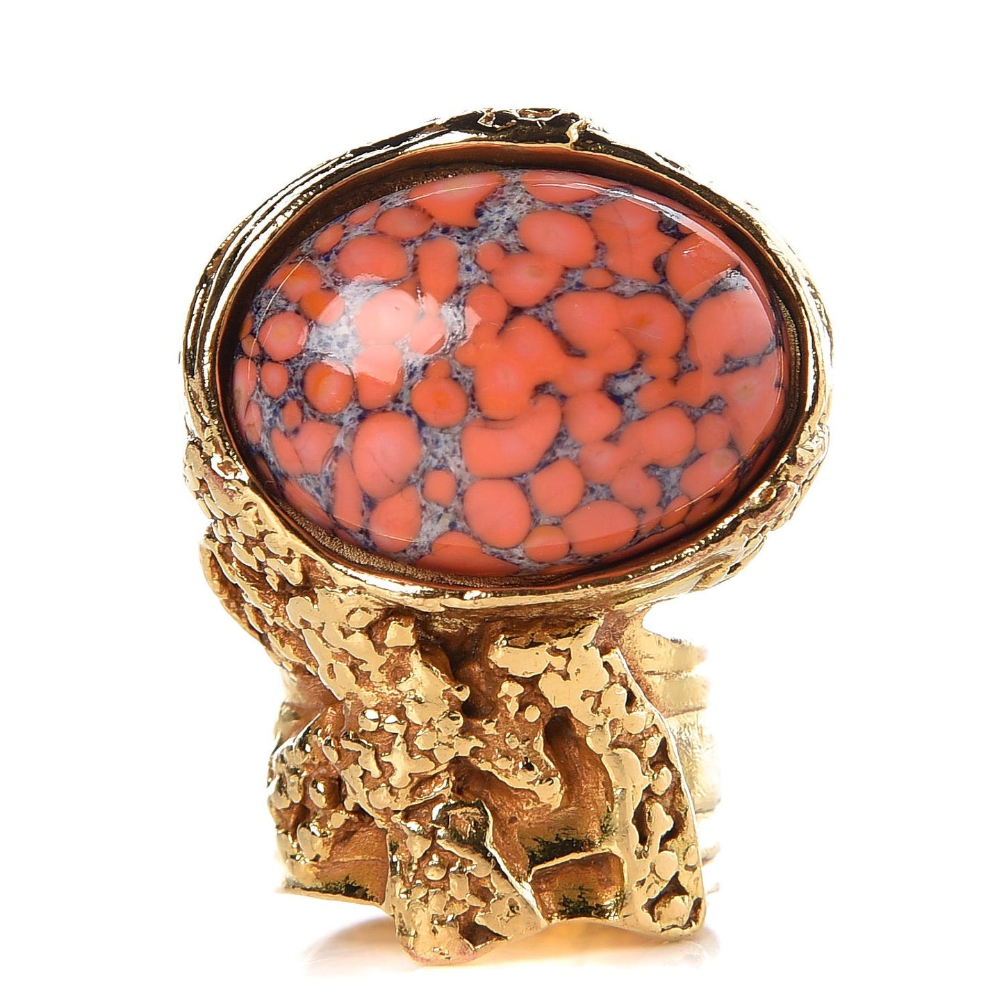 Glass Cabochon Arty Ovale Ring 7 Gold Coral