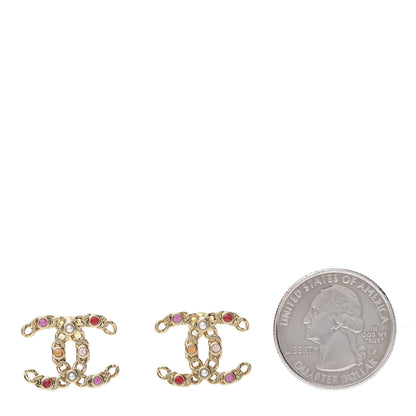 Chanel Pearl Crystal Chain Link CC Earrings Gold Red Pink Yellow 2 of 5