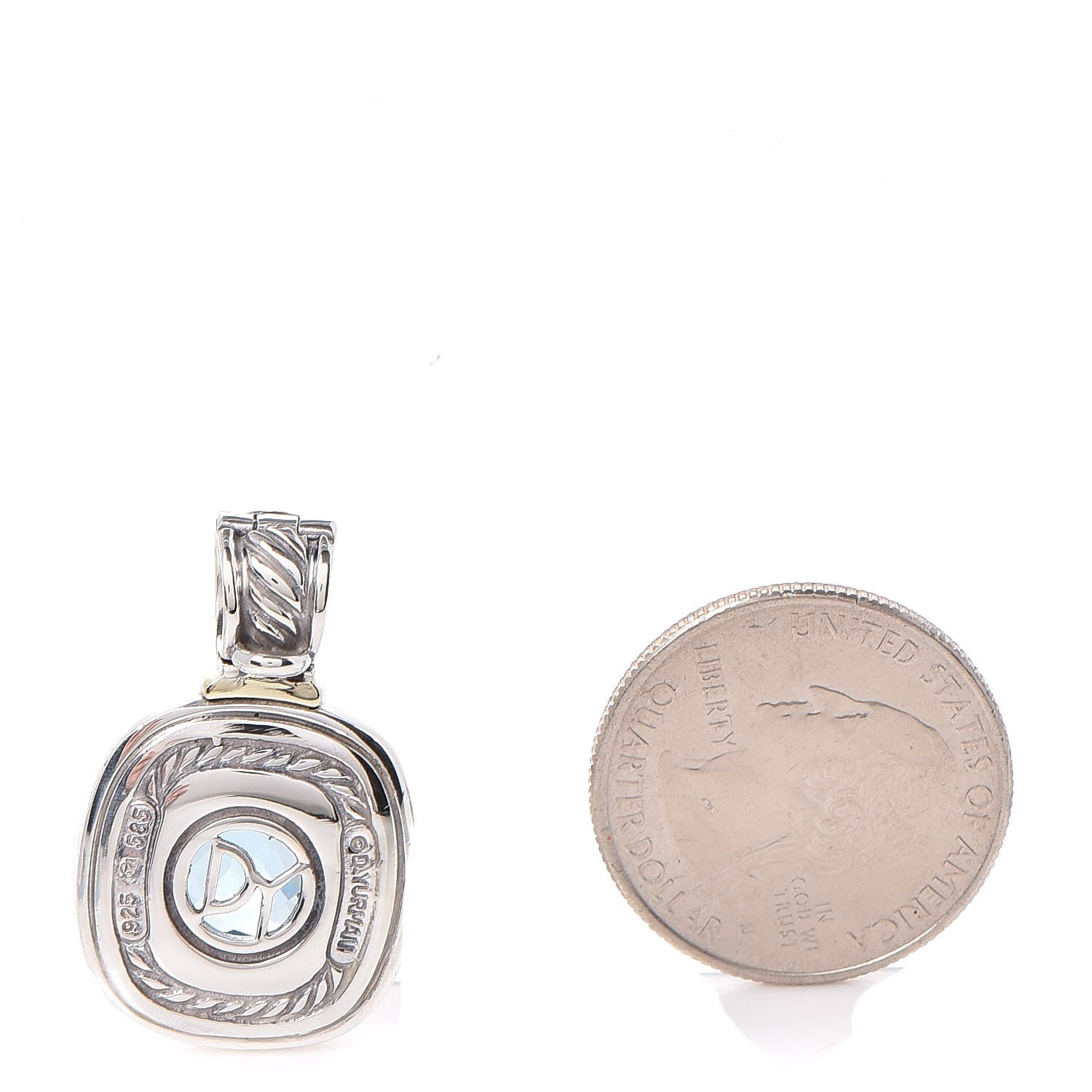 David Yurman Sterling Silver 14K Yellow Gold Blue Topaz 10mm Albion Enhancer Pendant 2 of 3