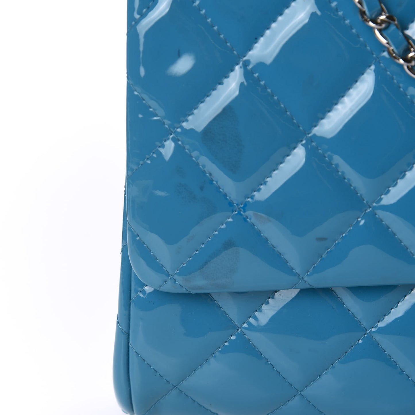Patent Quilted Clutch with Chain Flap Blue