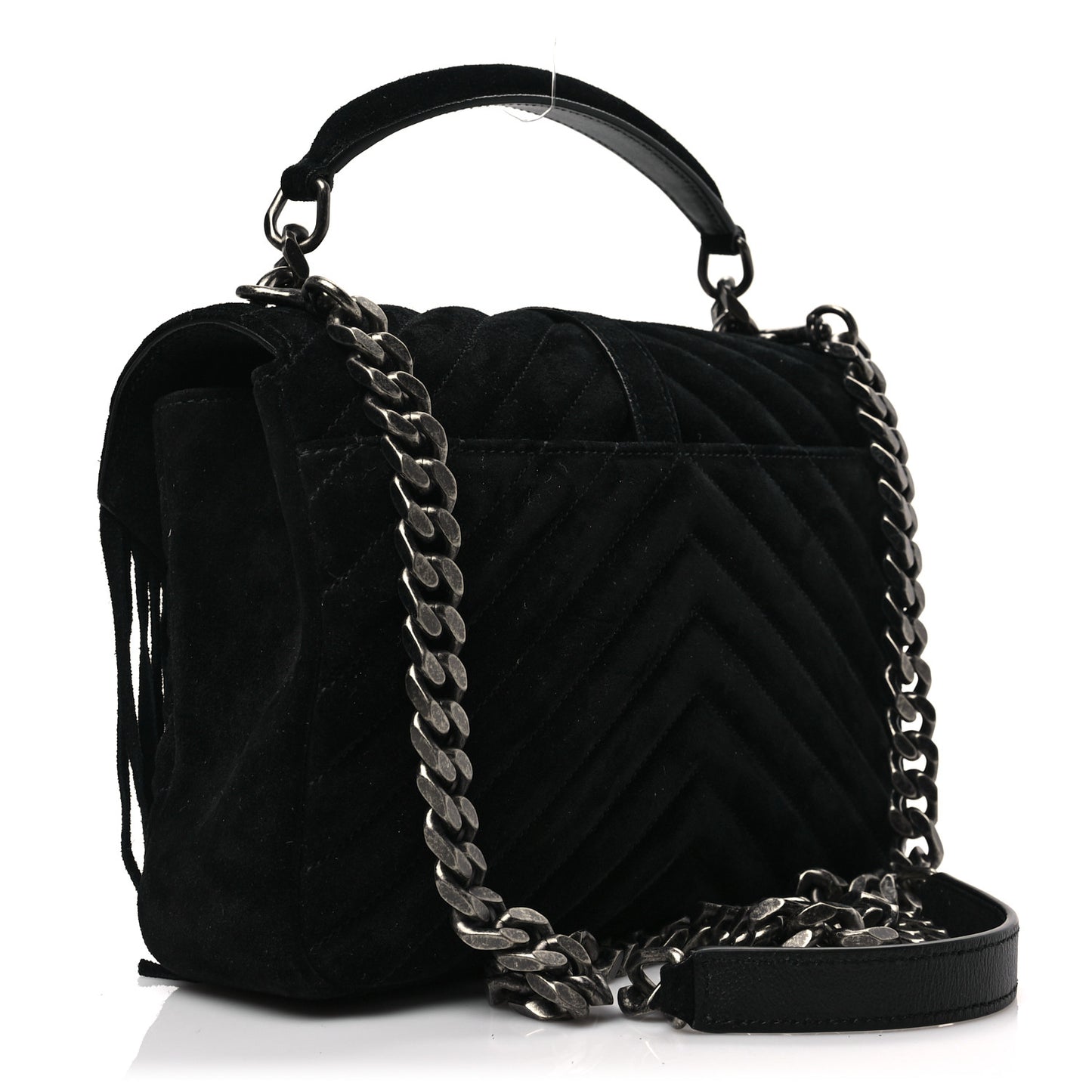 Suede Fringe Small Monogram Satchel Black