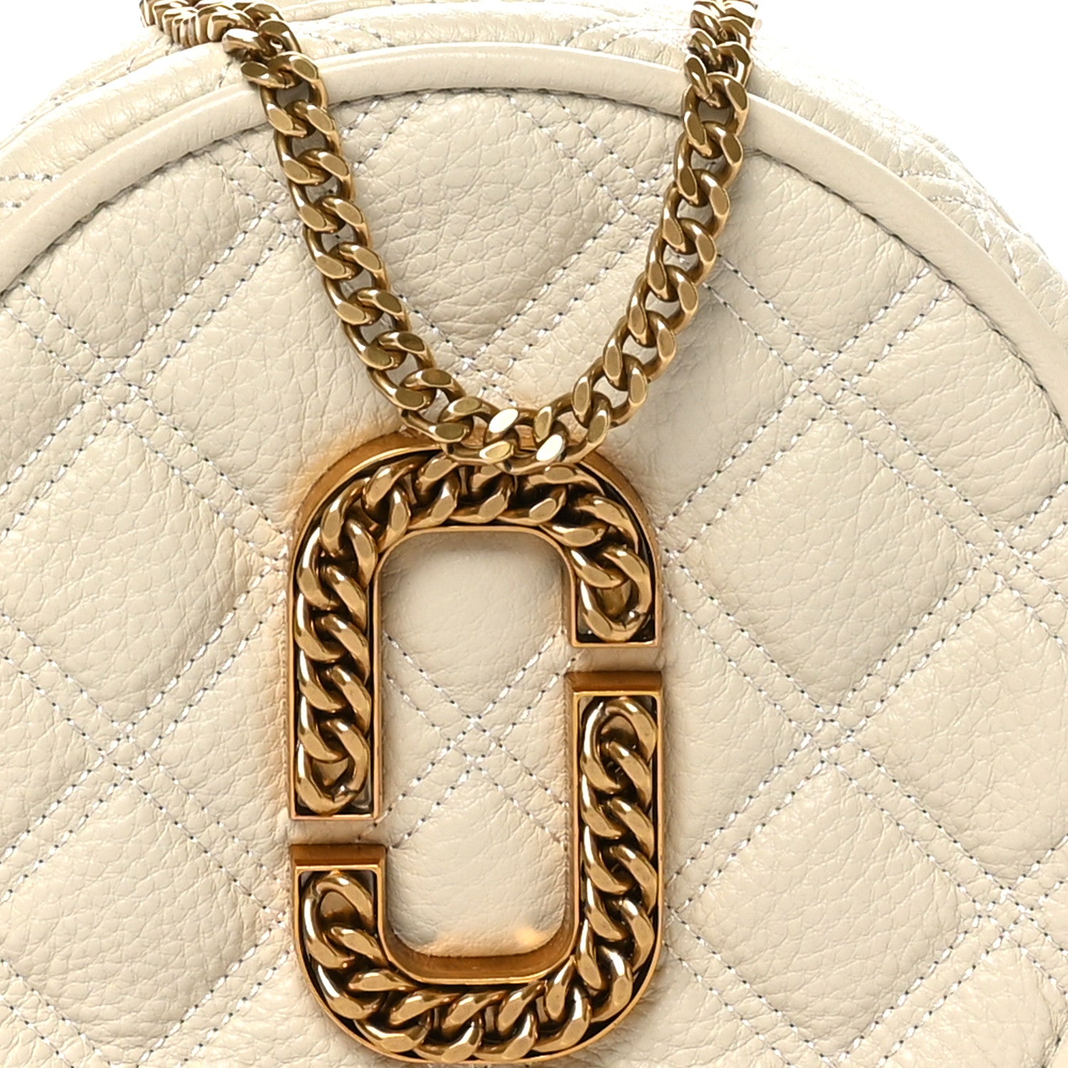 Marc Jacobs Grained Calfskin Quilted The Status Round Crossbody Oatmilk 8 of 11