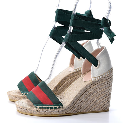 Gucci Canvas Malaga Kid Web Ankle Wrap Espadrille Wedge Sandals 35.5 Green Red Mystic White Emerald 3 of 12
