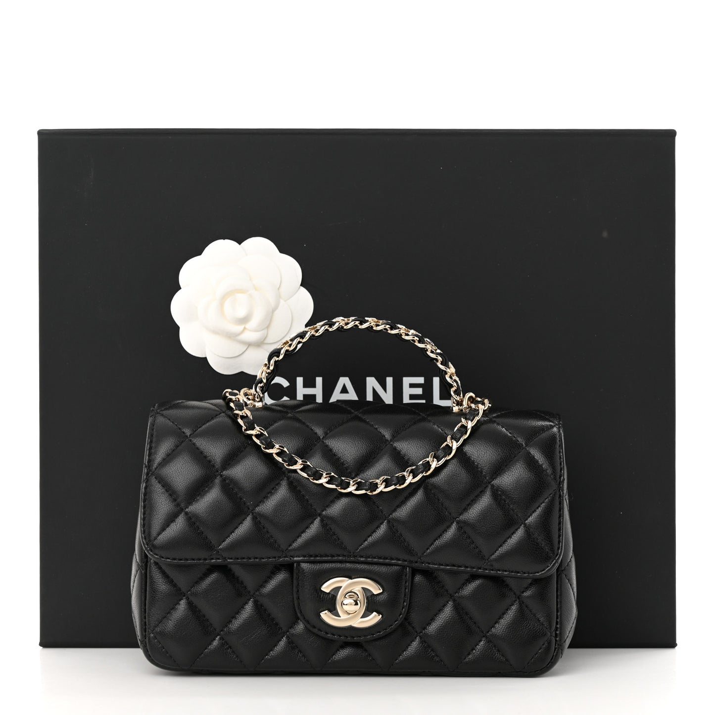 Lambskin Quilted Mini Crystal Top Handle Rectangular Flap Black