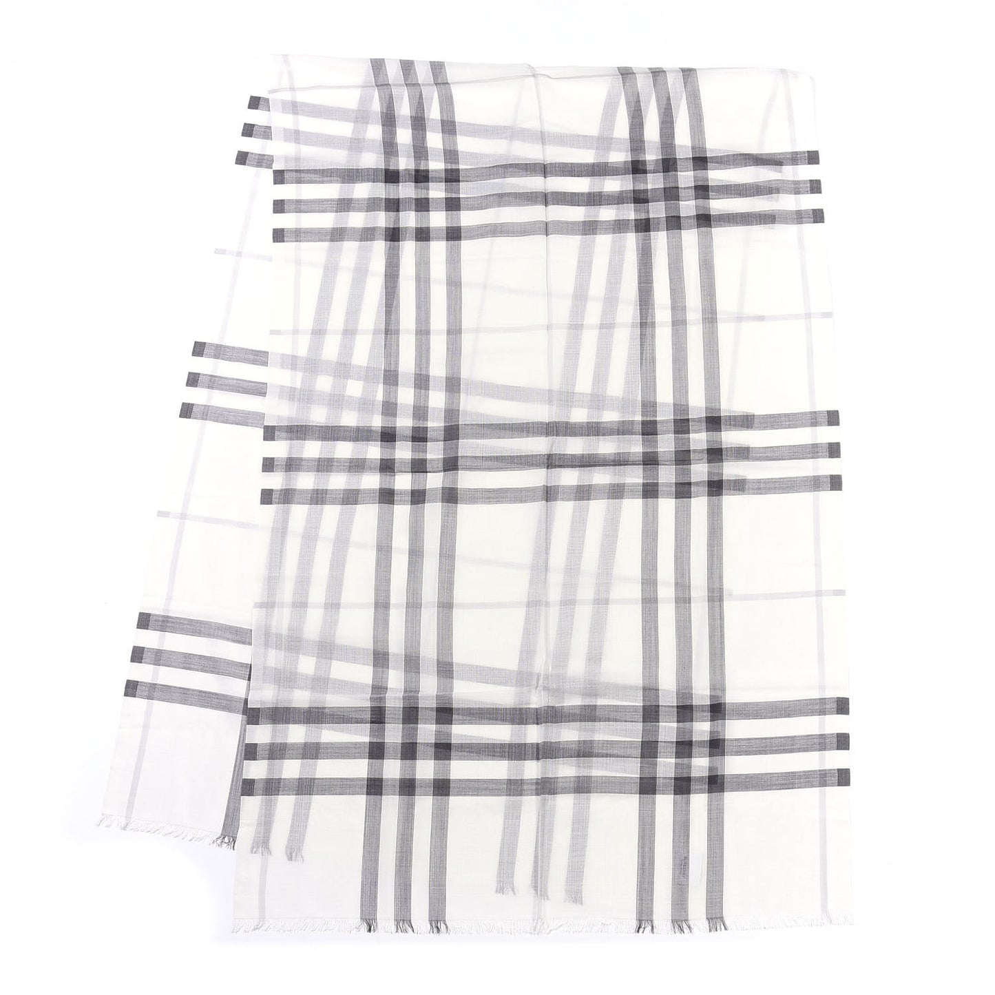 Wool Silk Gauze Giant Check Lightweight Scarf White Light Grey