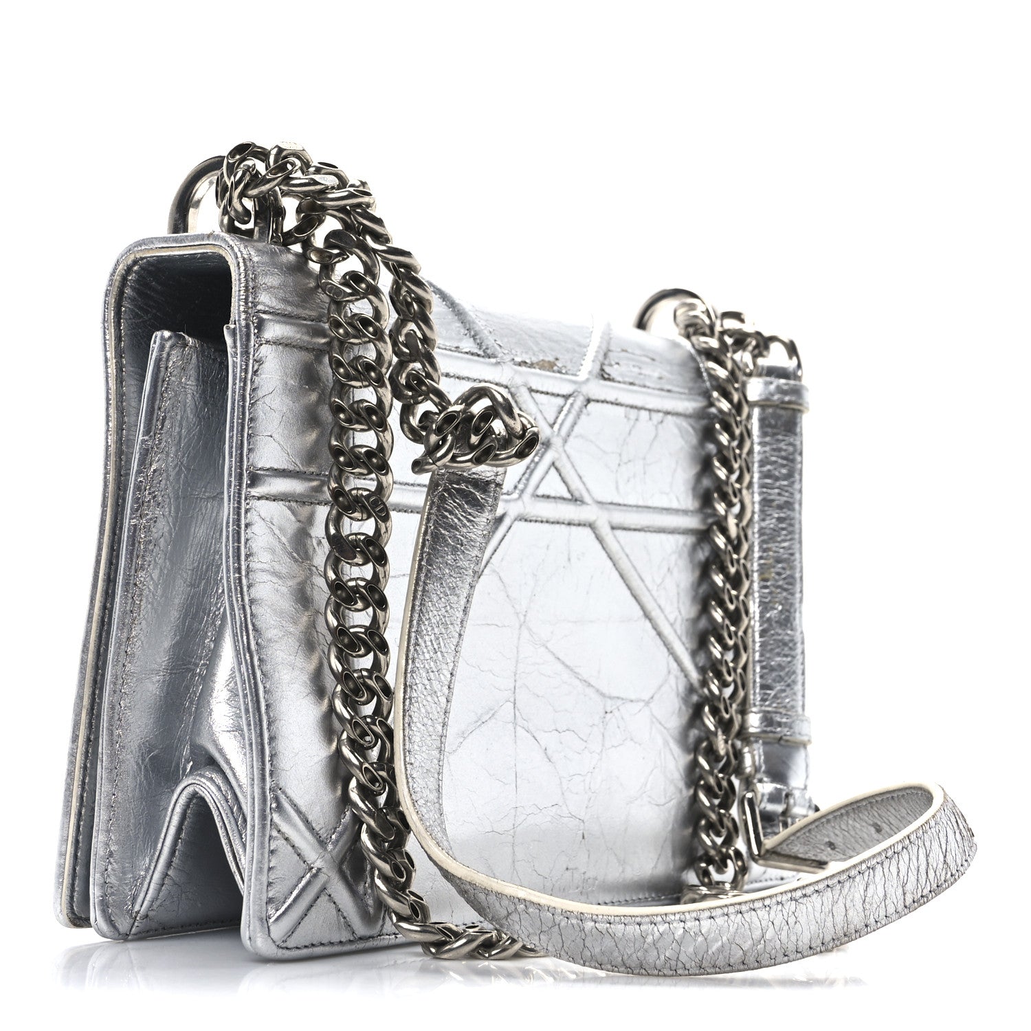 Christian Dior Metallic Crinkled Lambskin Medium Diorama Flap Bag Silver 3 of 9