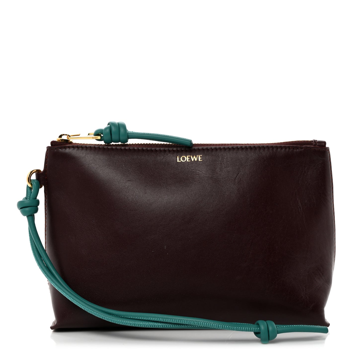 Shiny Nappa Calfskin Knot T Pouch Burgundy Emerald