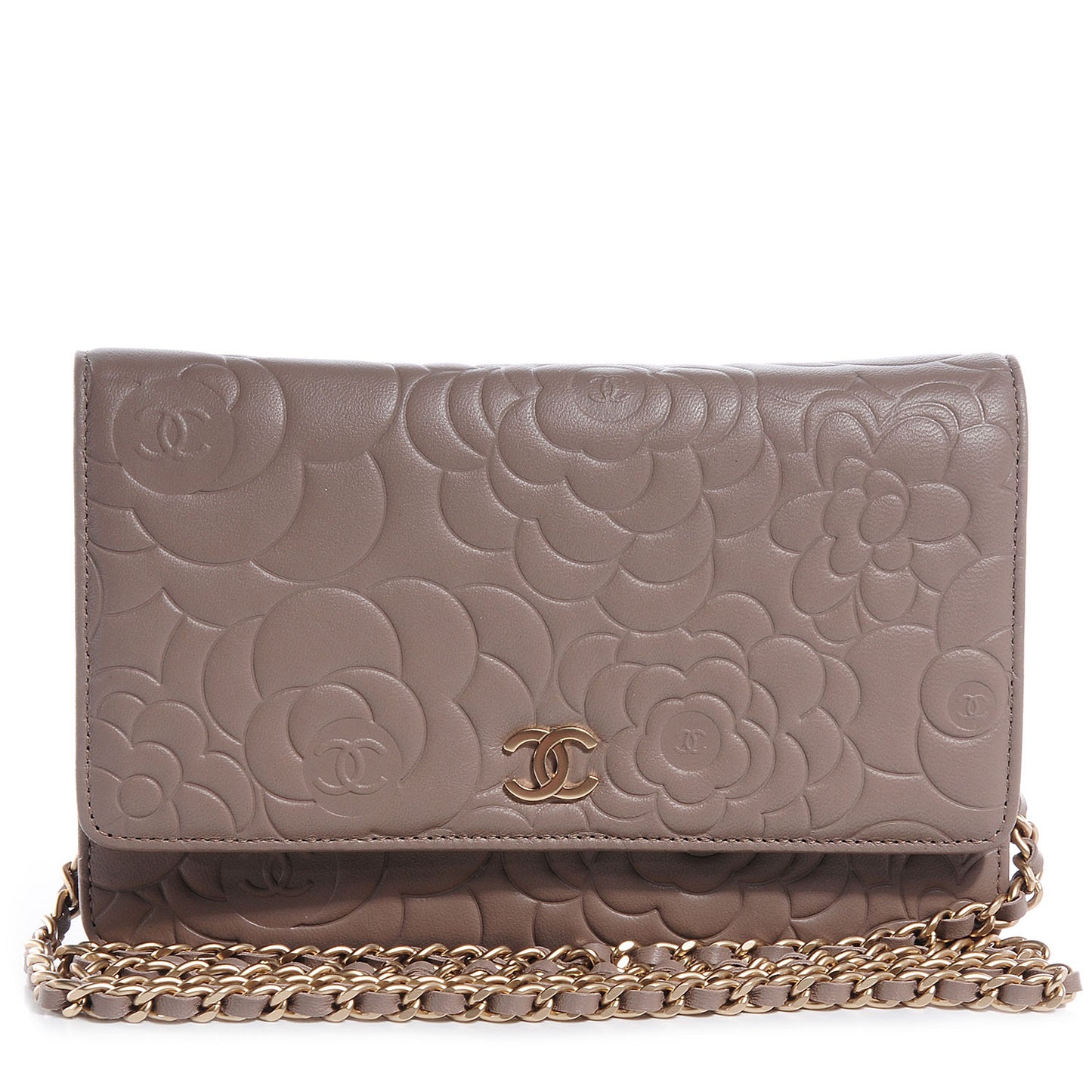 Lambskin Camellia Wallet on Chain Beige