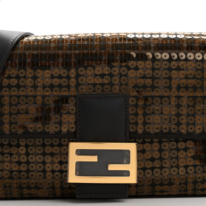 Fendi Fabric Jacquard Paillettes Vitello Seta FF Baguette Testa di Moro Real Ebano 9 of 11