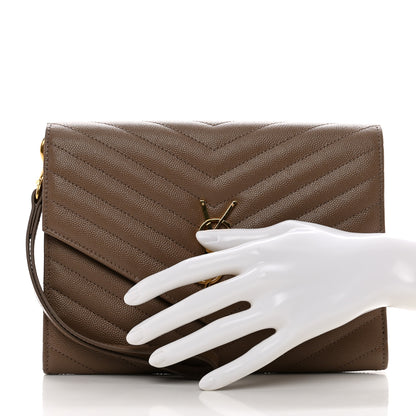 Saint Laurent Grain De Poudre Matelasse Chevron Monogram Cassandre Flap Pouch Taupe 2 of 8