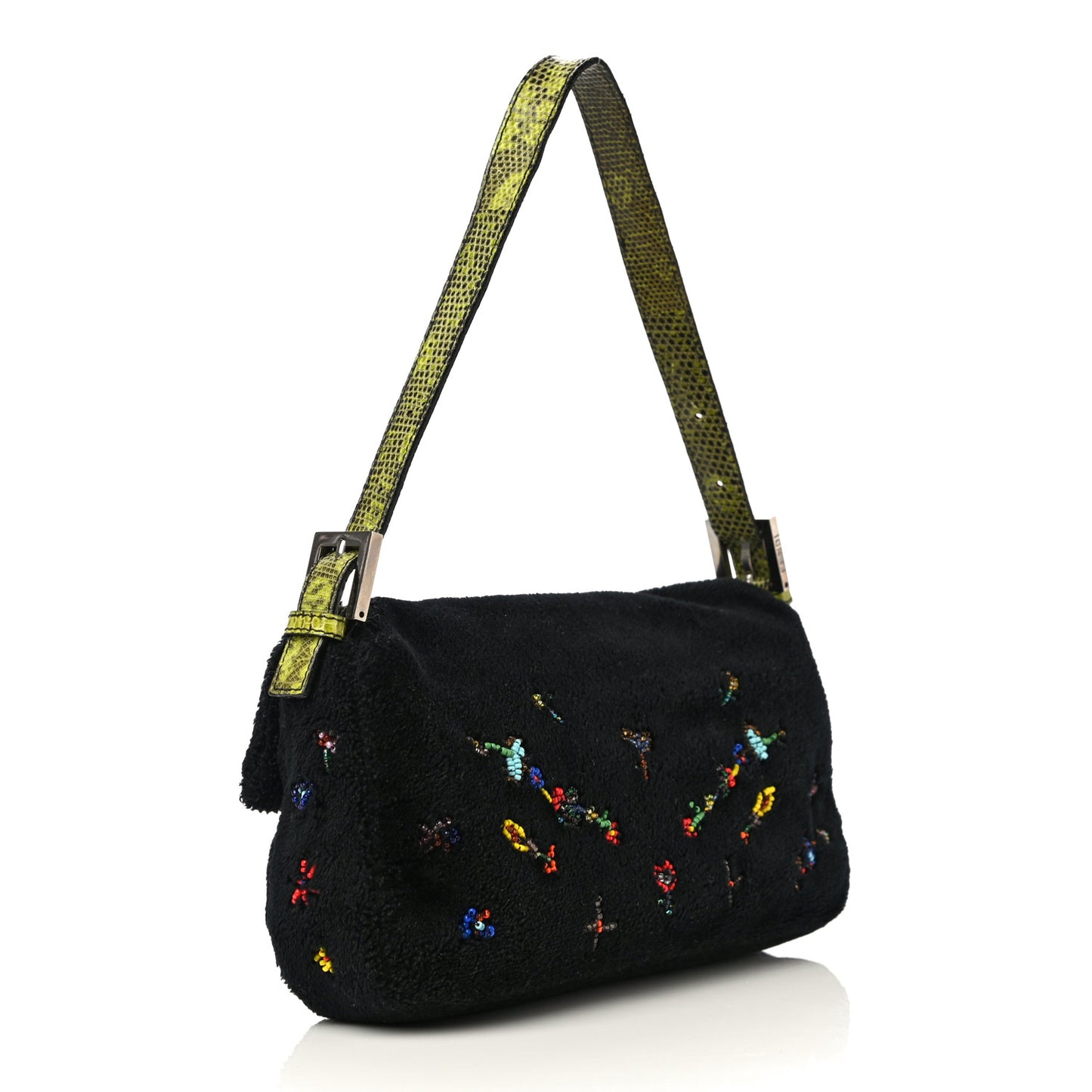 Shearling Lizard Beaded Baguette Black Green Multicolor