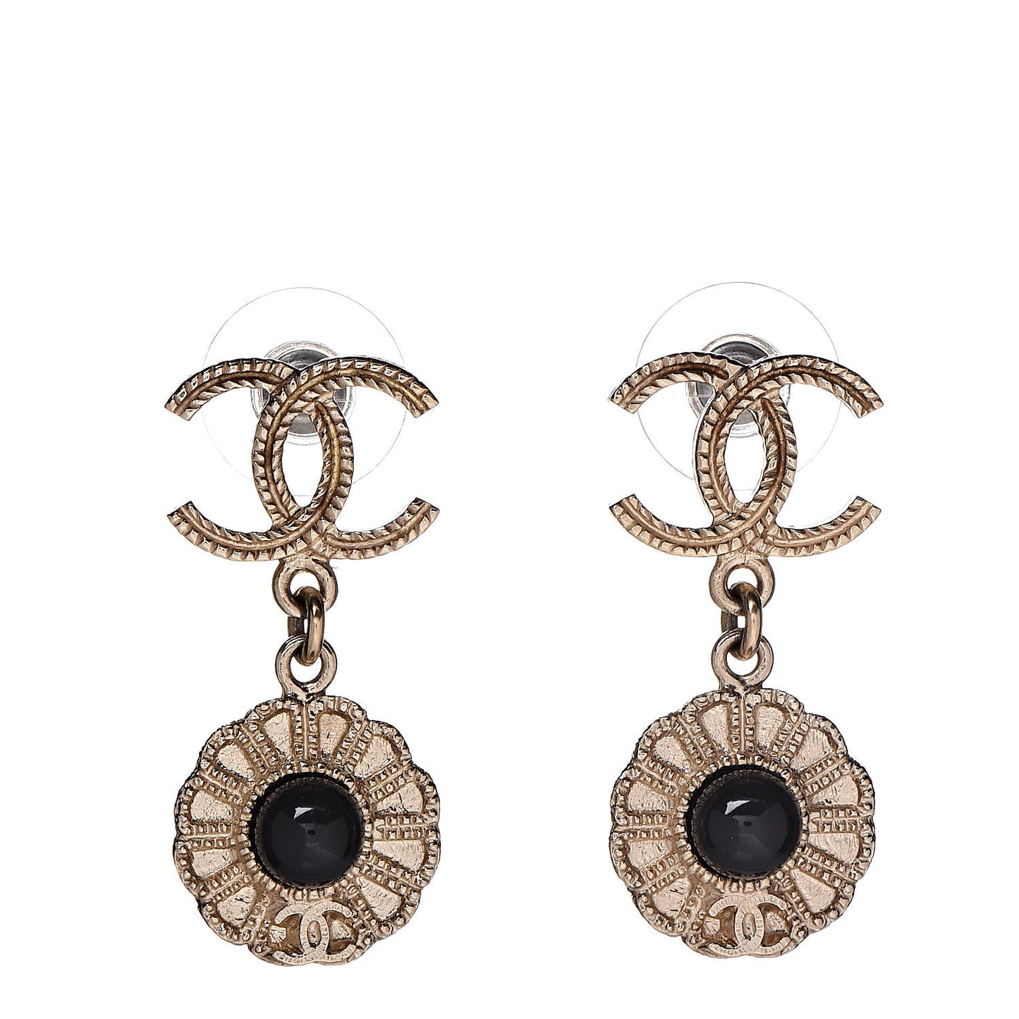 Bead Camelia CC Drop Earrings Gold Black