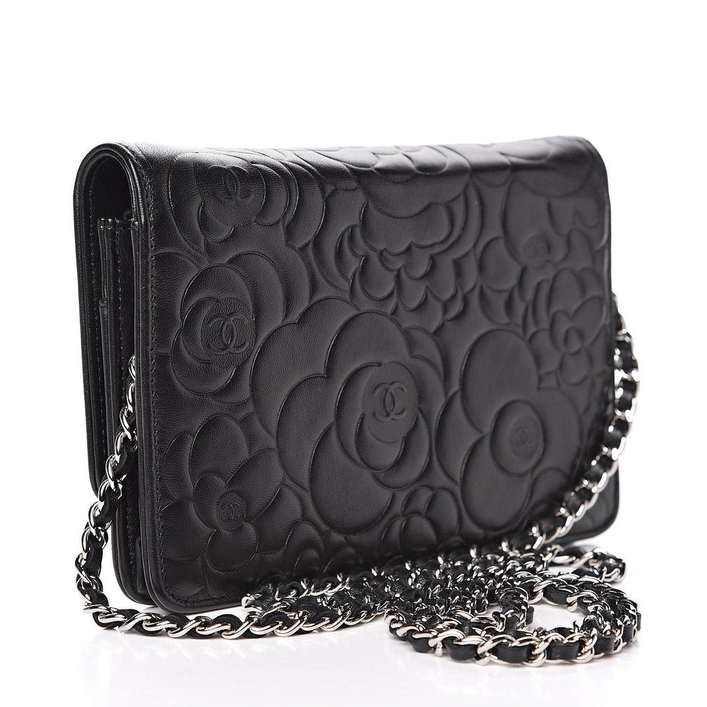Lambskin Camellia Embossed Wallet on Chain WOC Black