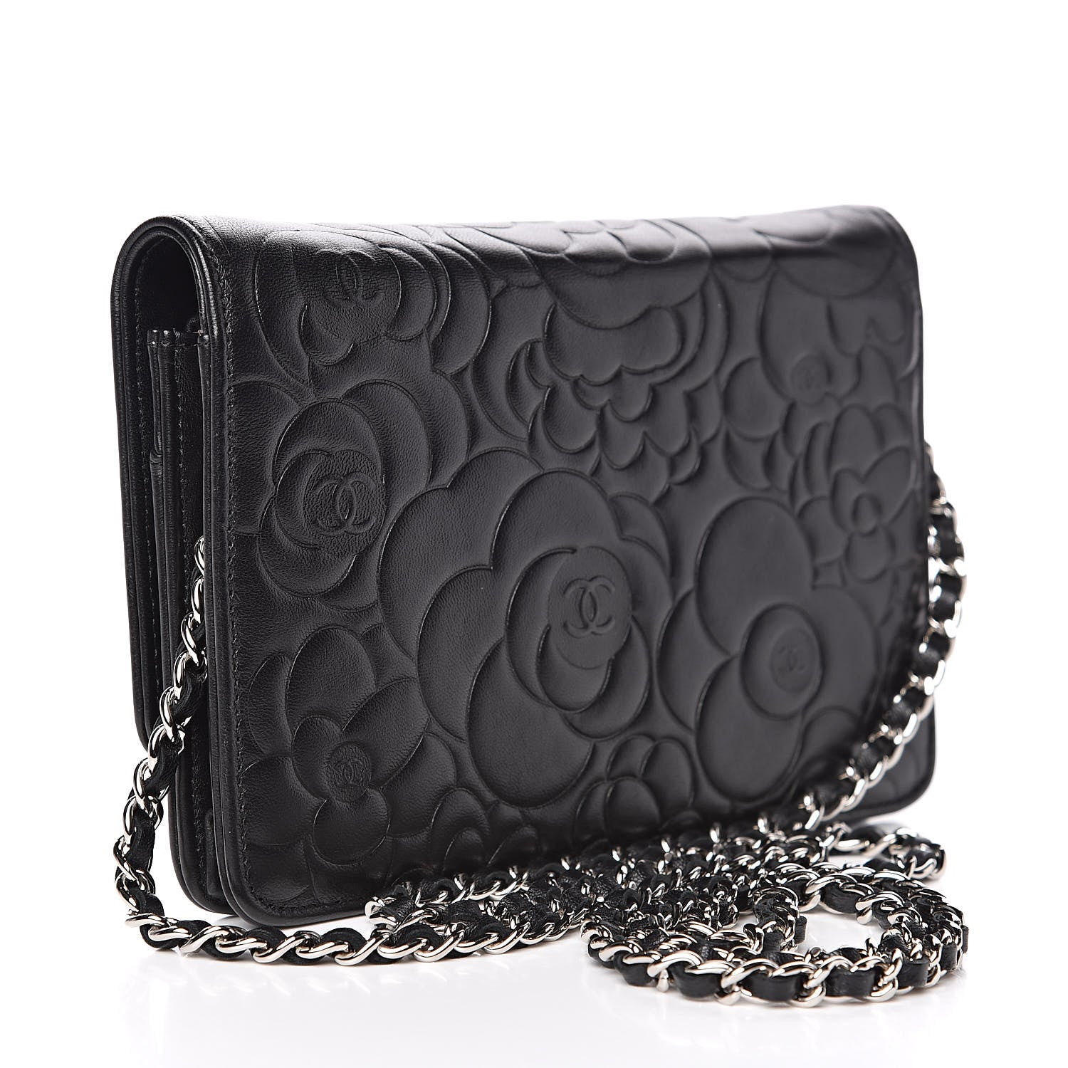 Chanel Lambskin Camellia Embossed Wallet on Chain WOC Black 3 of 15