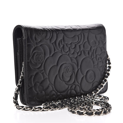 Chanel Lambskin Camellia Embossed Wallet on Chain WOC Black 3 of 15