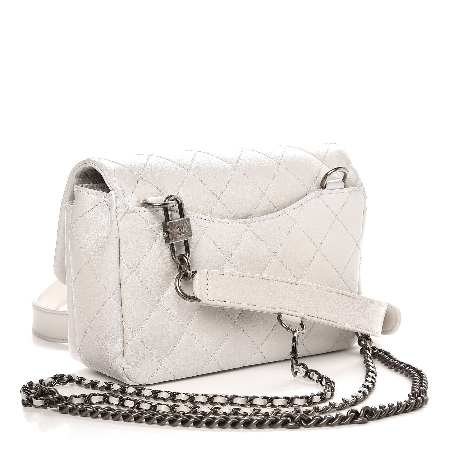 Shiny Goatskin Quilted Small Double Carry Waist Chain Flap White