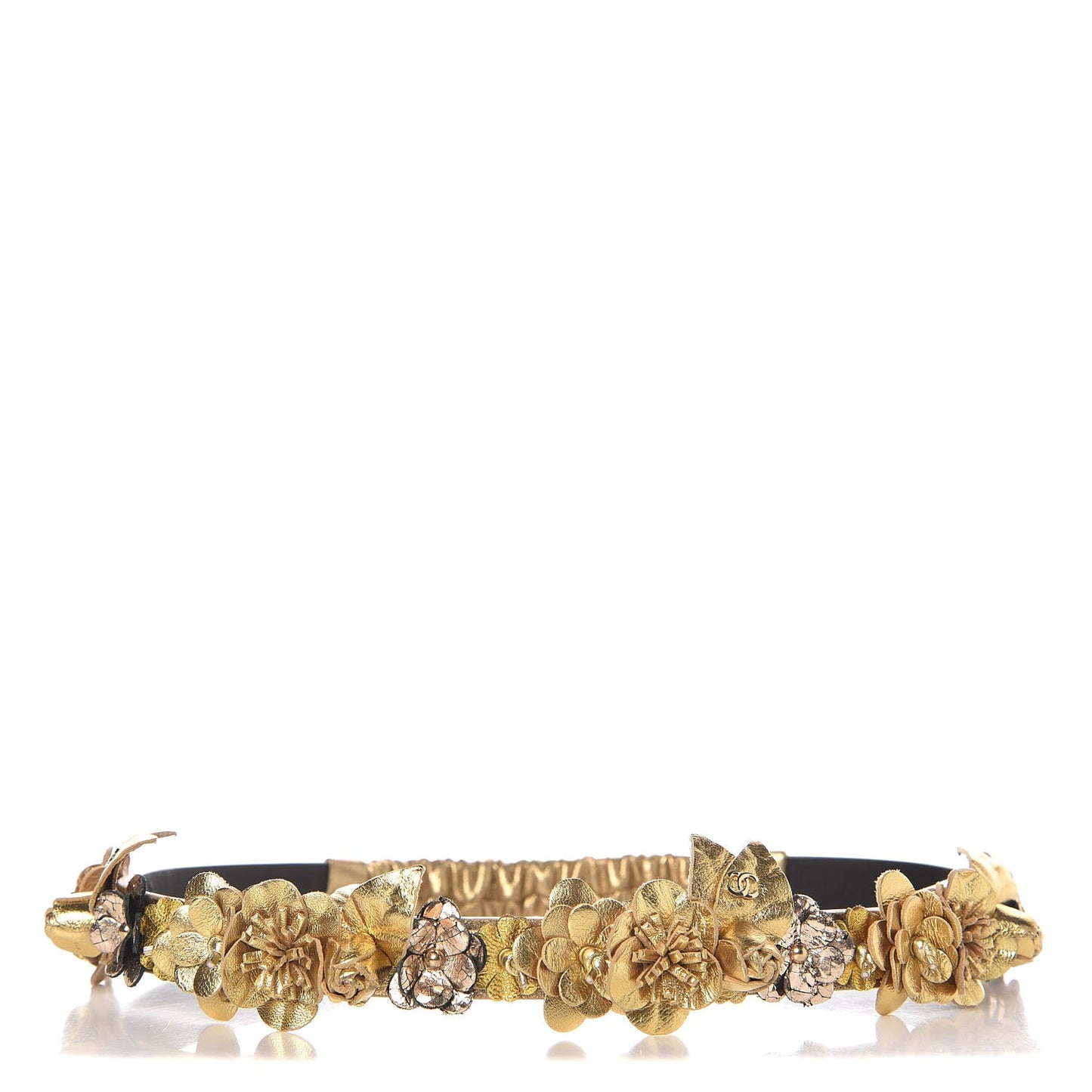 Metallic Calfskin Floral Headband Gold