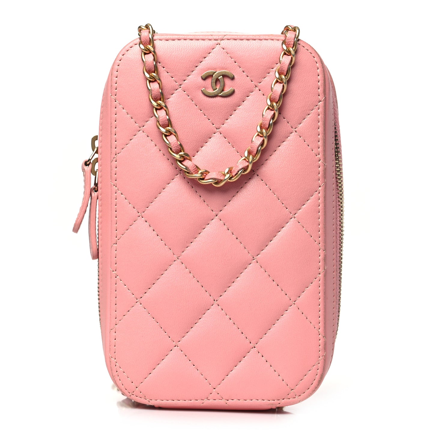 Lambskin Quilted Phone Holder Wallet On Chain WOC Light Pink