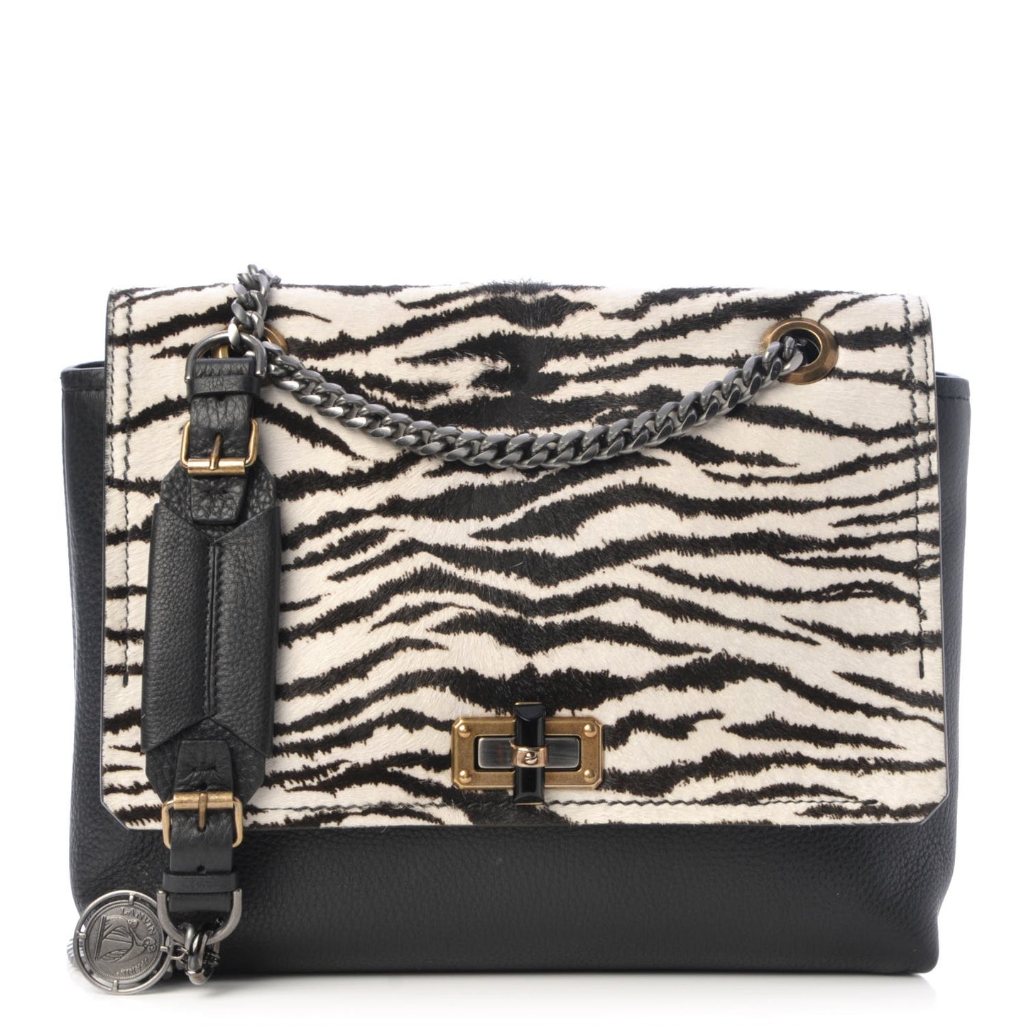 Pony Hair Calfskin Zebra Print Medium Happy Shoulder Bag Black White