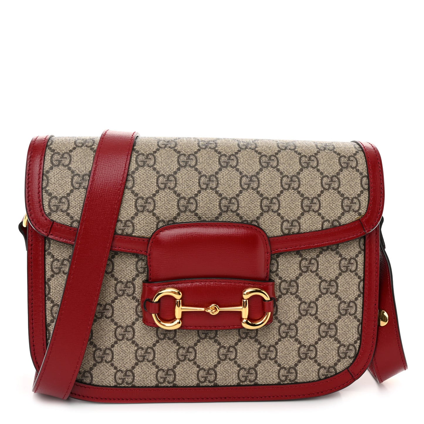 GG Supreme Monogram Azalea Calfskin Horsebit 1955 Shoulder Bag Beige Ebony New Cherry Red