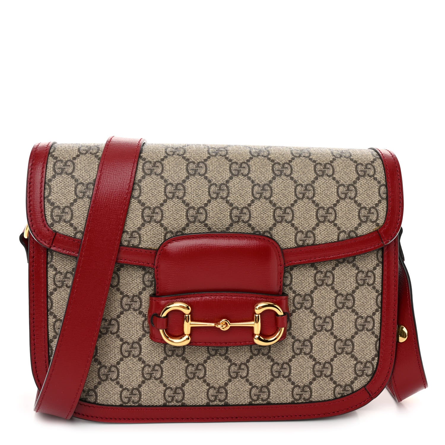 Gucci GG Supreme Monogram Azalea Calfskin Horsebit 1955 Shoulder Bag Beige Ebony New Cherry Red 1 of 12