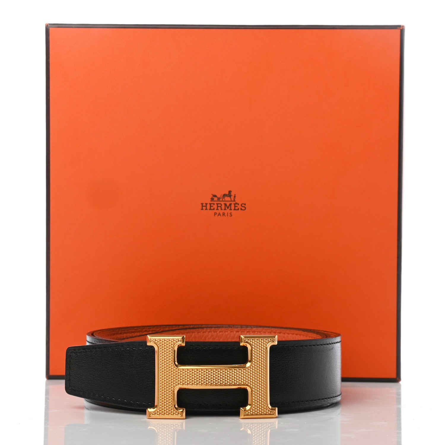 Hermes Box Togo 32mm Guilloche H Belt 90 Black Orange 8 of 8