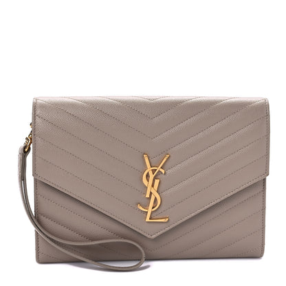 Saint Laurent Grain De Poudre Matelasse Chevron Monogram Envelope Clutch Dark Beige 1 of 7