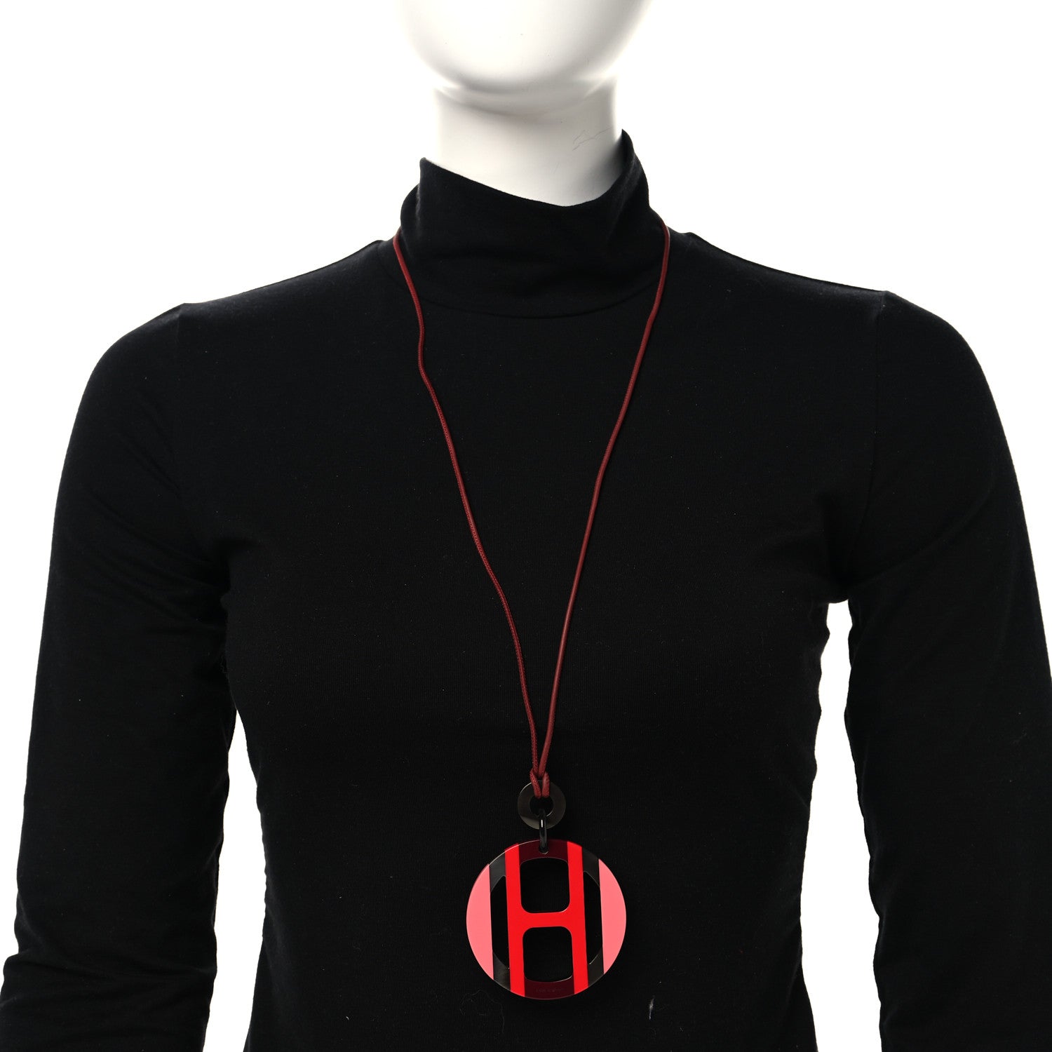 Hermes Buffalo Horn Lacquer H Equipe Pendant Necklace Rouge Rose