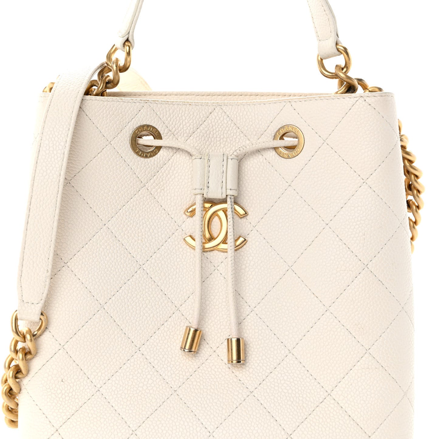 Grained Calfskin Stitched Small Drawstring Bag White