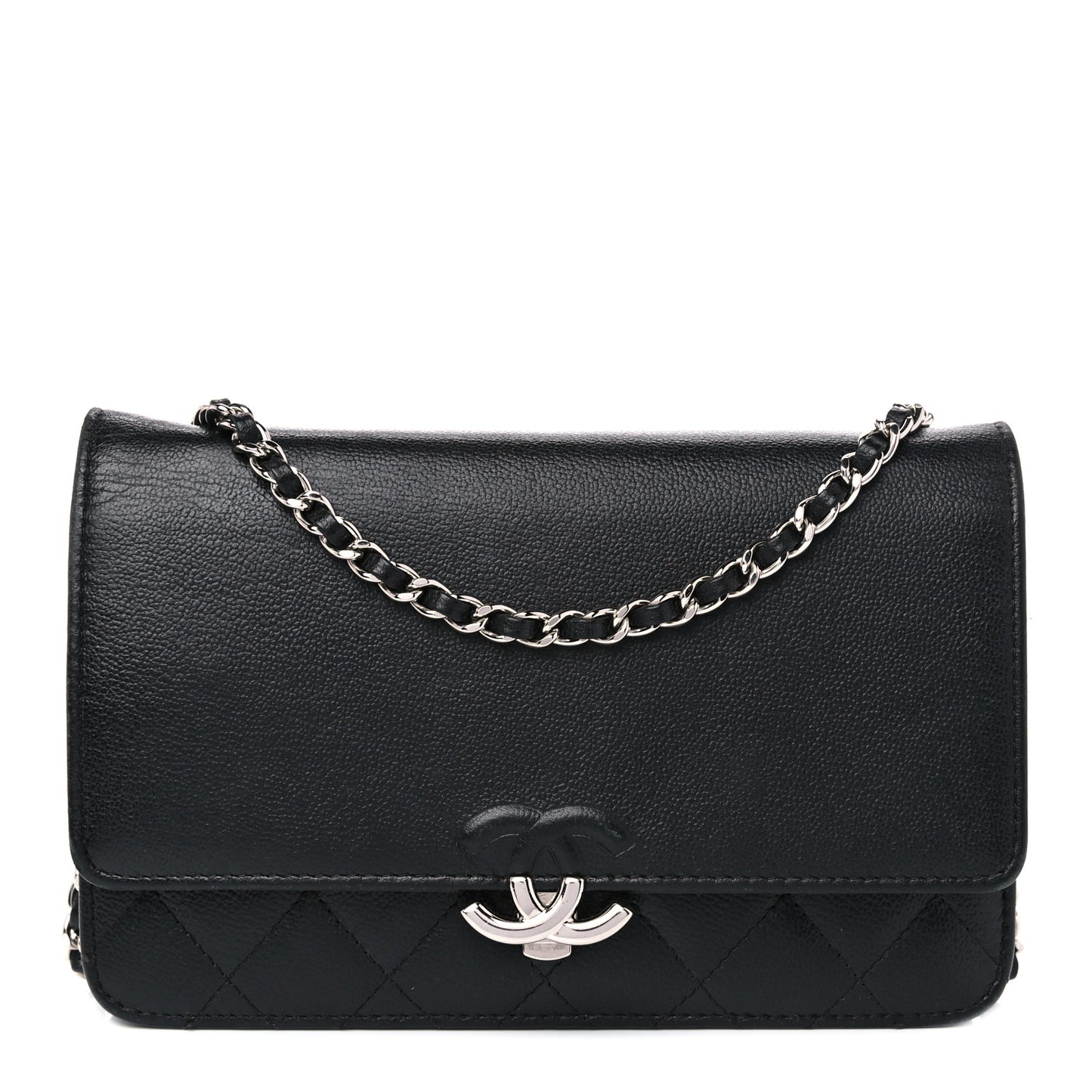 Grained Calfskin Quilted CC Box Wallet On Chain WOC Black