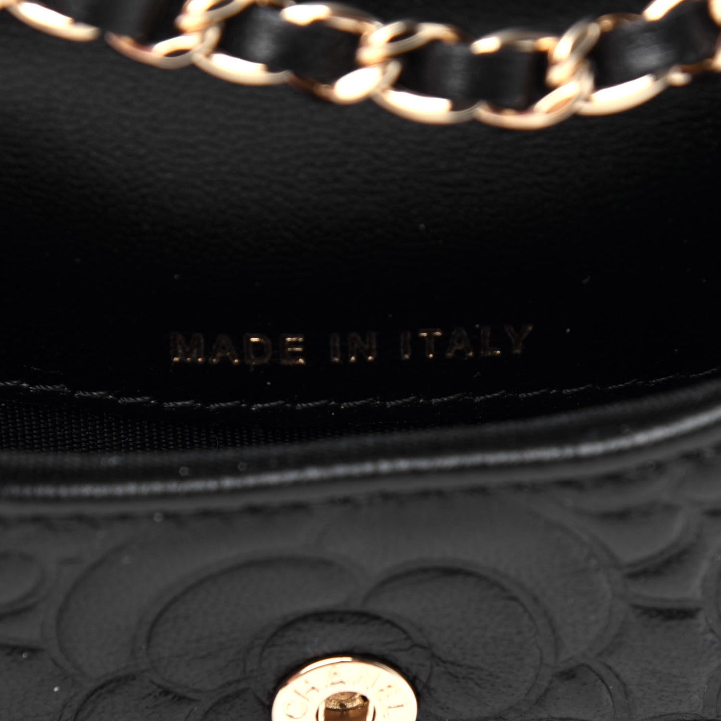 Lambskin Camellia Embossed Chain Belt Bag Black