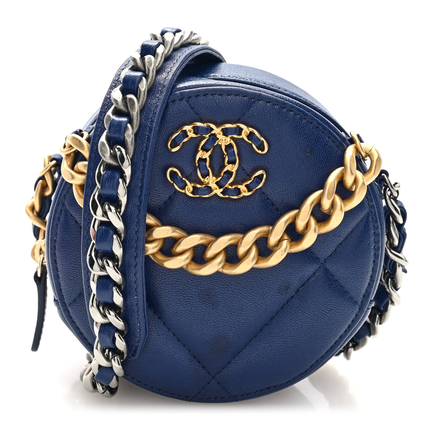 Chanel Lambskin Quilted Chanel 19 Round Clutch With Chain  Navy 1 of 10