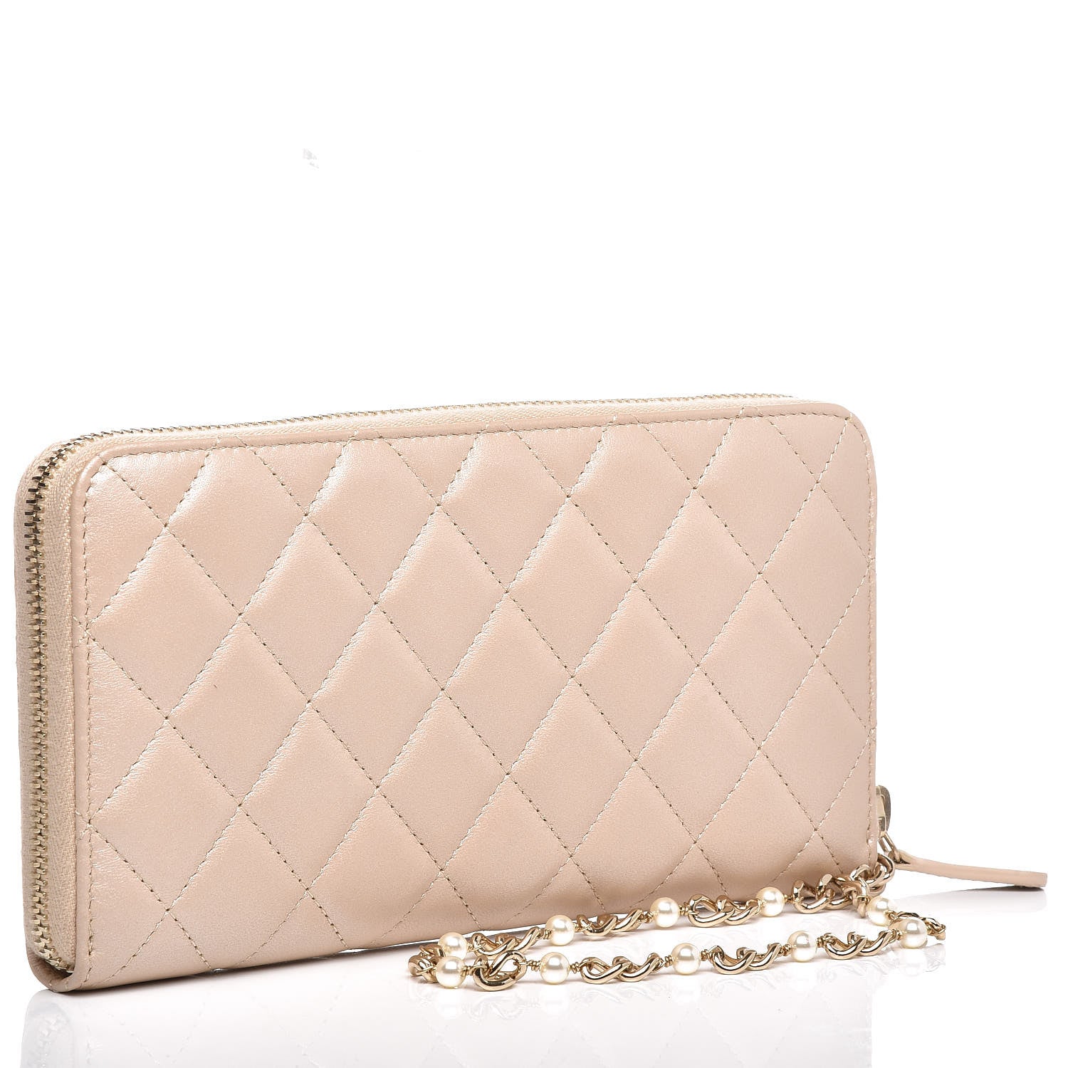 Chanel Lambskin Zip Around Large Gusset Wallet With Pearl Chain Light Beige 3 of 8