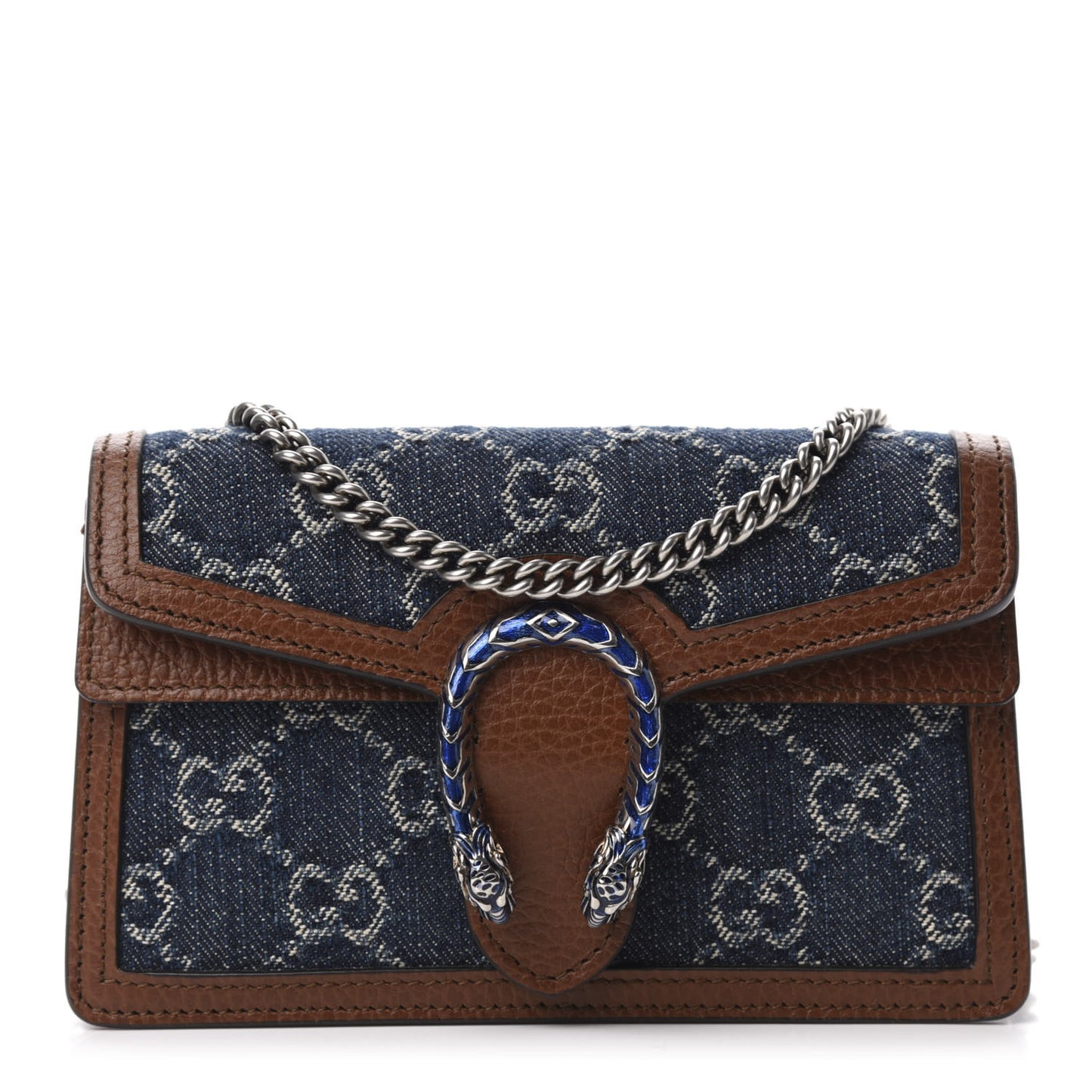 New Denim GG Monogram Dollar Calfskin Enamel Super Mini Dionysus Shoulder Bag Blue Tea Cuir Epilog Electric Blue