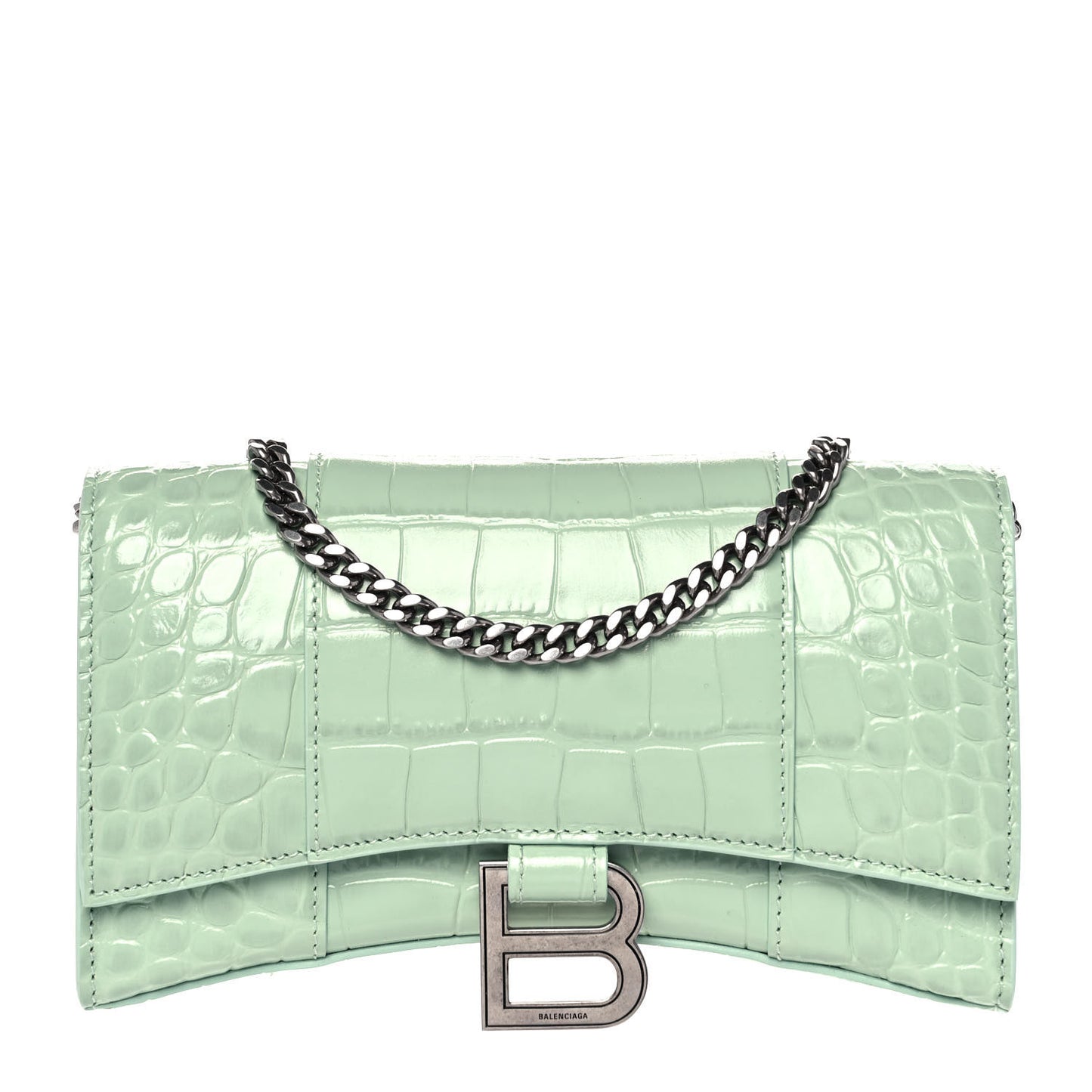 Shiny Calfskin Crocodile Embossed Hourglass Chain Bag Light Green