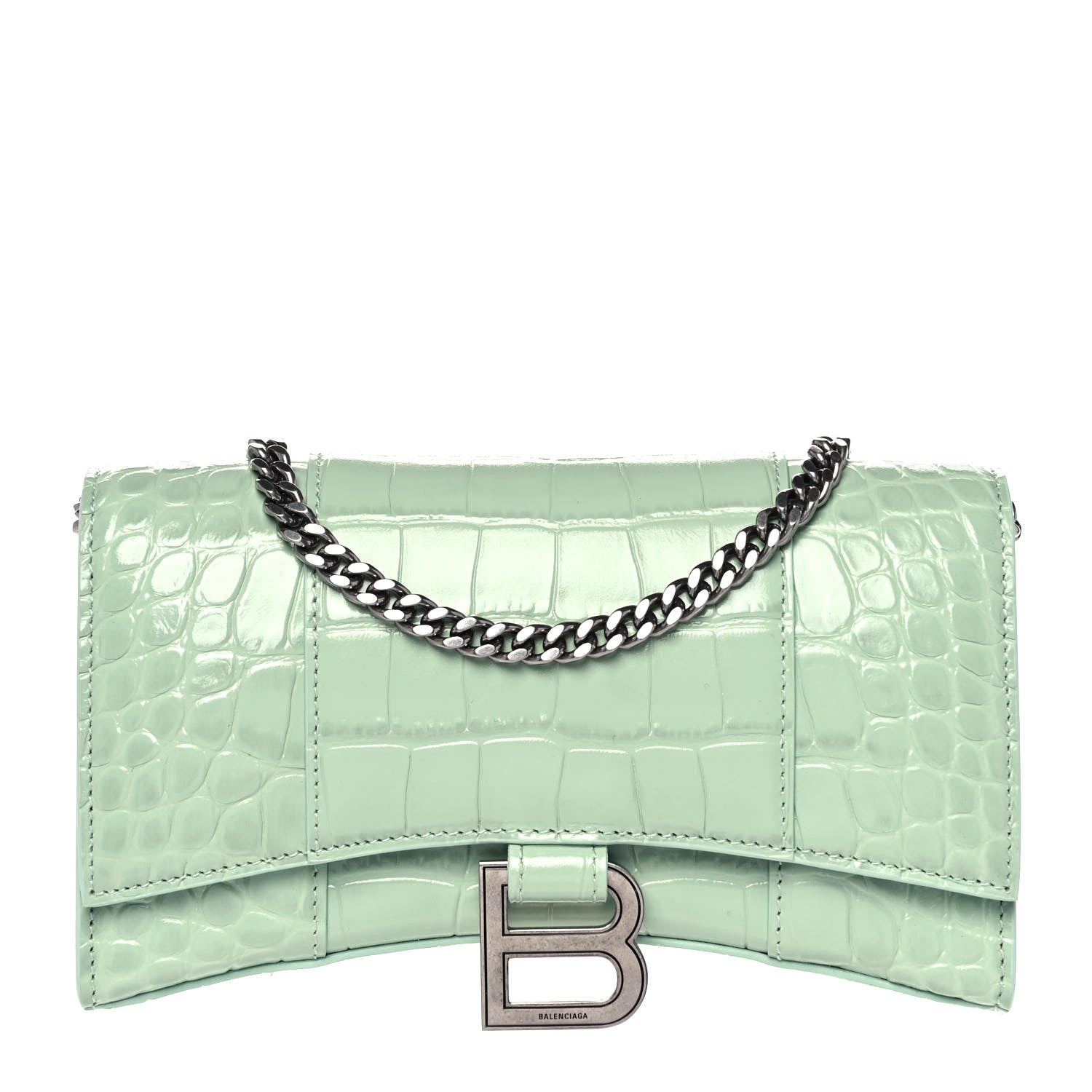 Balenciaga Shiny Calfskin Crocodile Embossed Hourglass Chain Bag Light Green 1 of 7