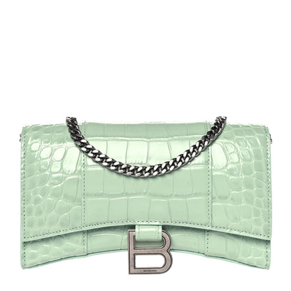 Balenciaga Shiny Calfskin Crocodile Embossed Hourglass Chain Bag Light Green 1 of 7