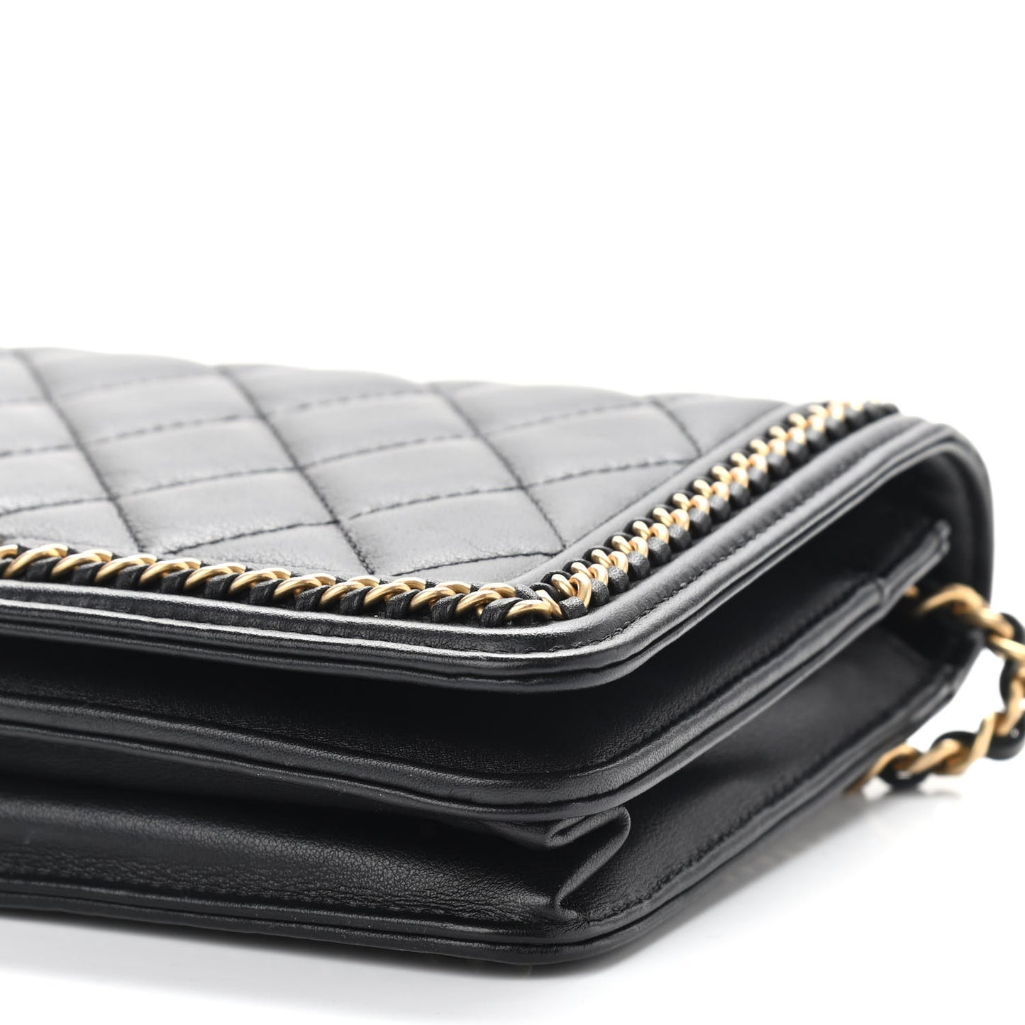 Calfskin Quilted Chain Around Boy Wallet On Chain WOC Black