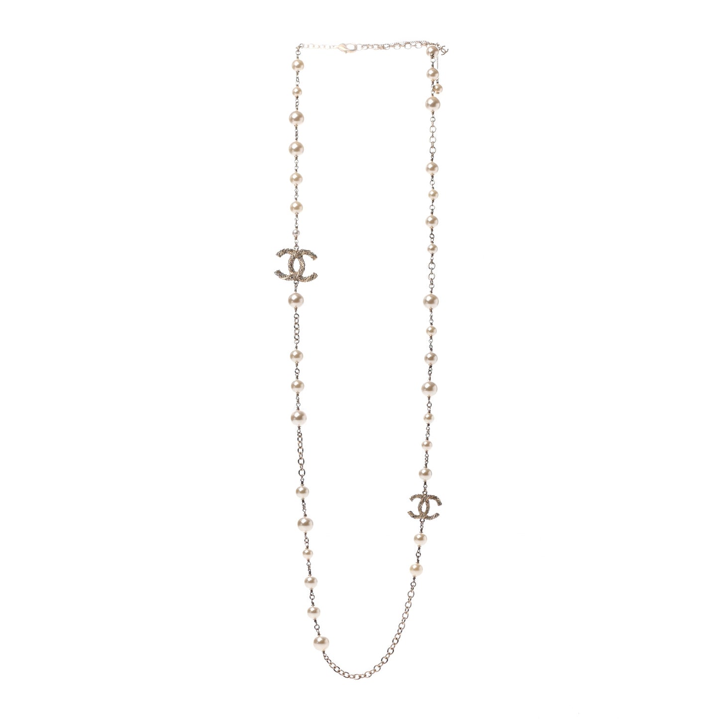 Graduated Pearl Crystal Twisted CC Long Necklace Gold
