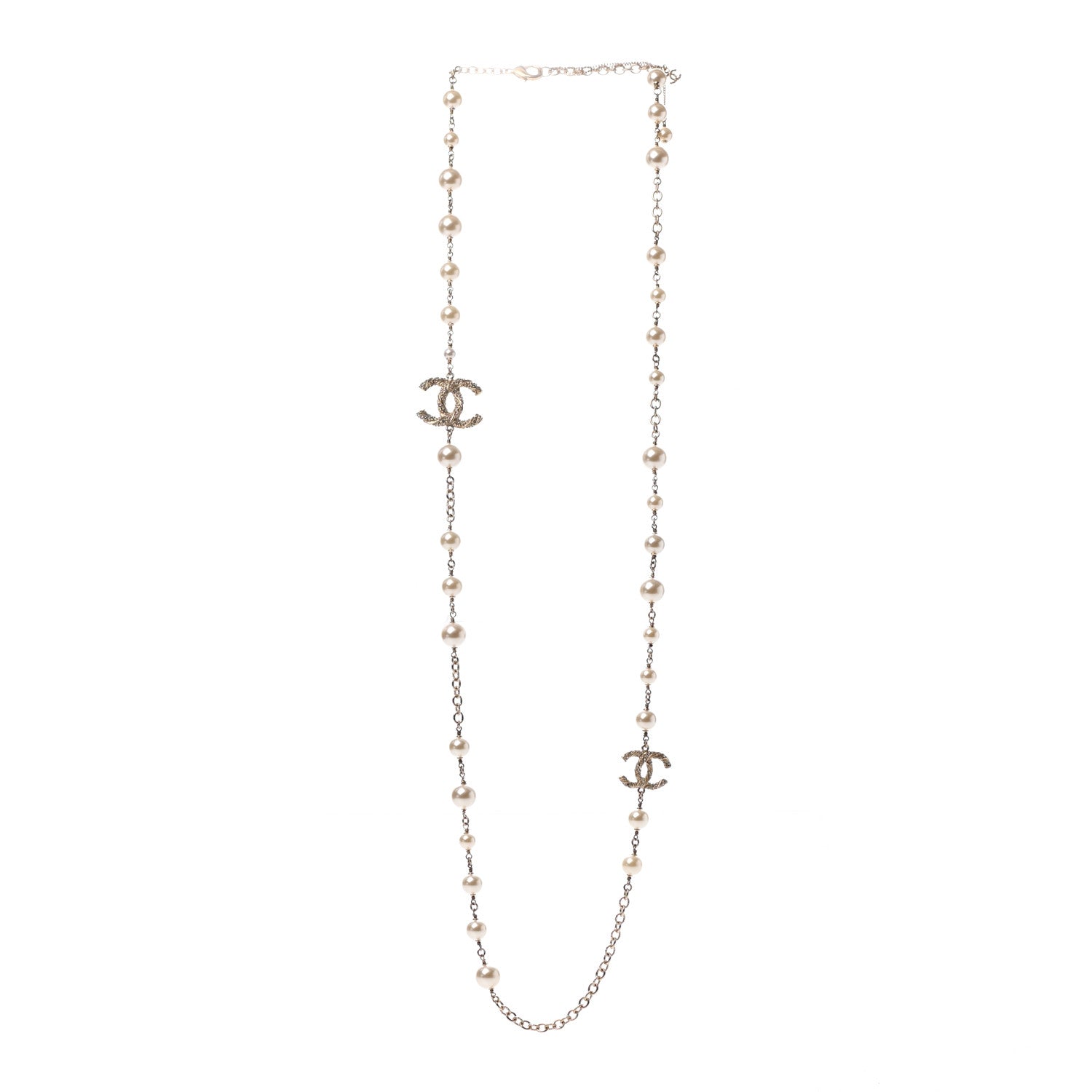 Chanel Graduated Pearl Crystal Twisted CC Long Necklace Gold 3 of 5