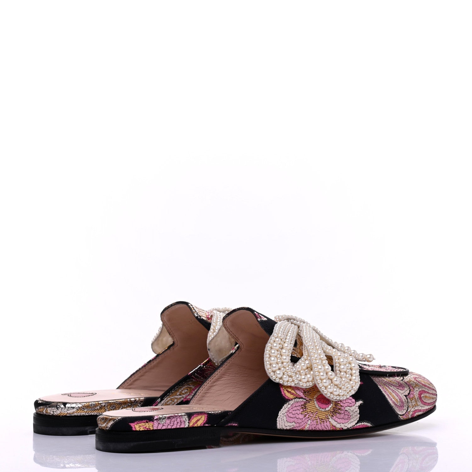 Gucci Iridescent Brocade Pearl Bow Womens Princetown Slippers 36.5 Black Pink 4 of 16
