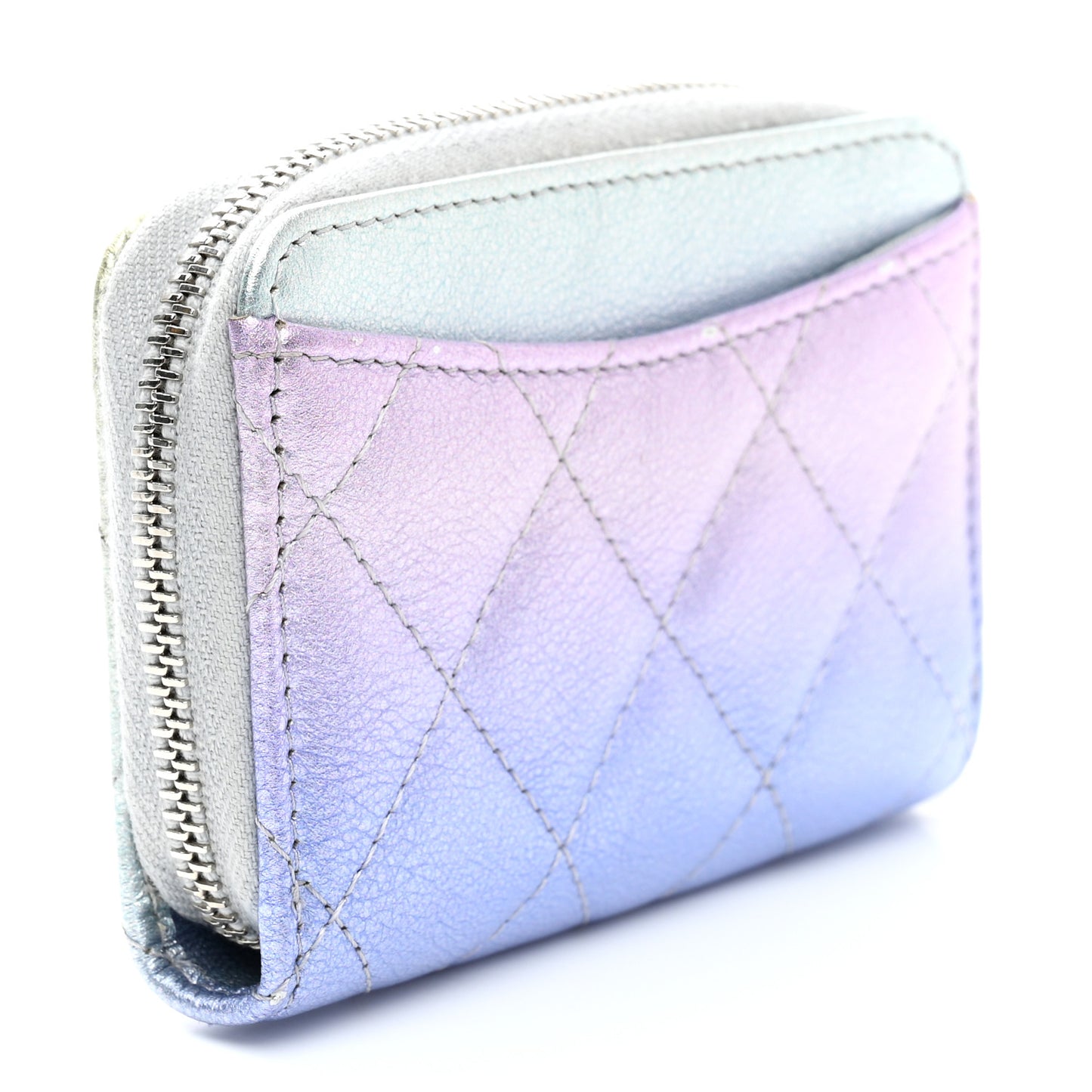 Gradient Metallic Calfskin Quilted Zip Around Coin Purse Wallet Silver Blue Yellow Purple