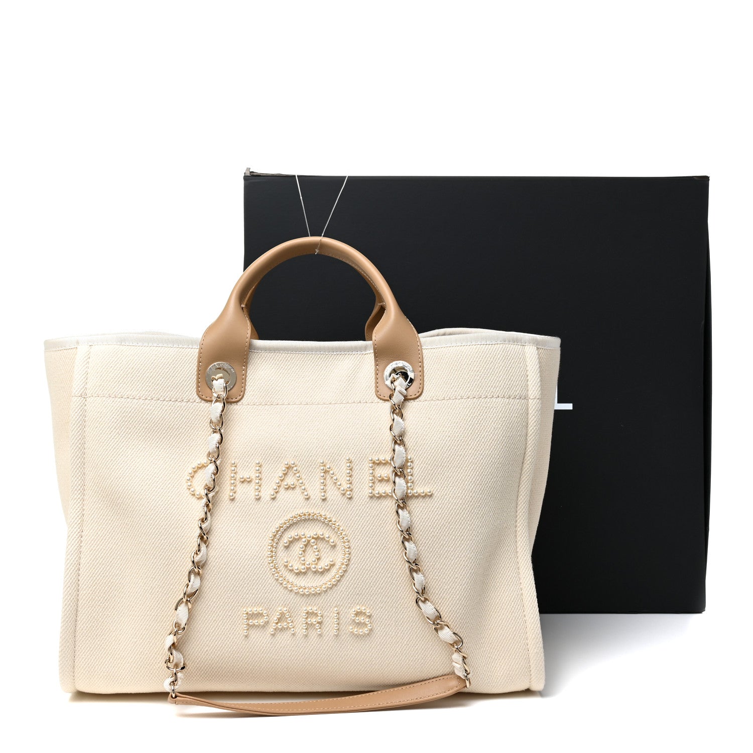 Chanel Canvas Pearl Medium Deauville Tote Ecru Beige 18 of 18