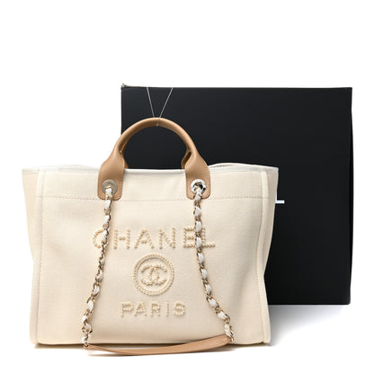 Chanel Canvas Pearl Medium Deauville Tote Ecru Beige 18 of 18