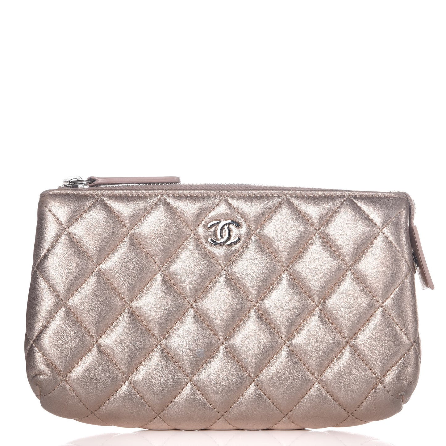 Metallic Lambskin Quilted Small Cosmetic Pouch Light Pink