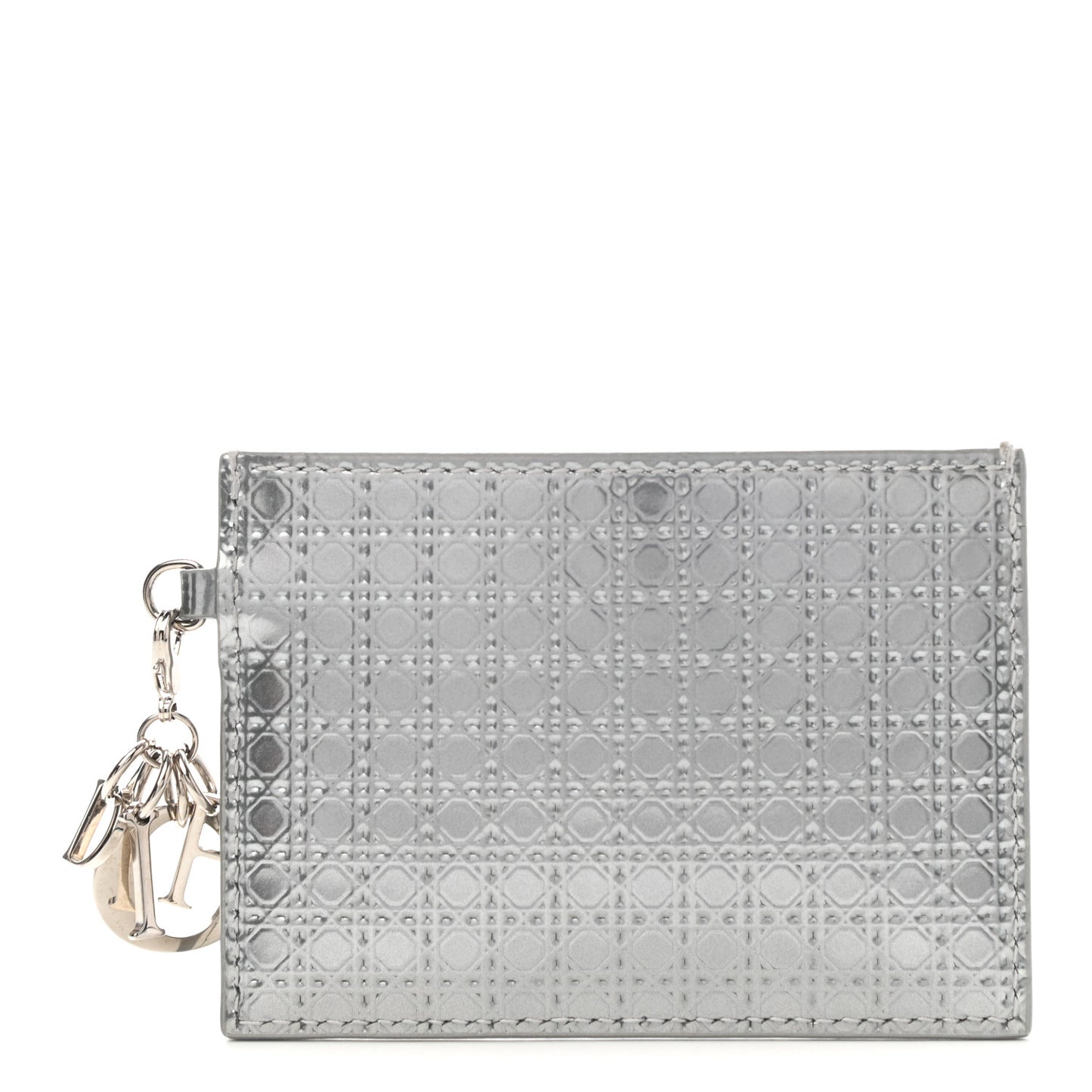 Metallic Patent Micro-Cannage Lady Dior Card Holder Silver