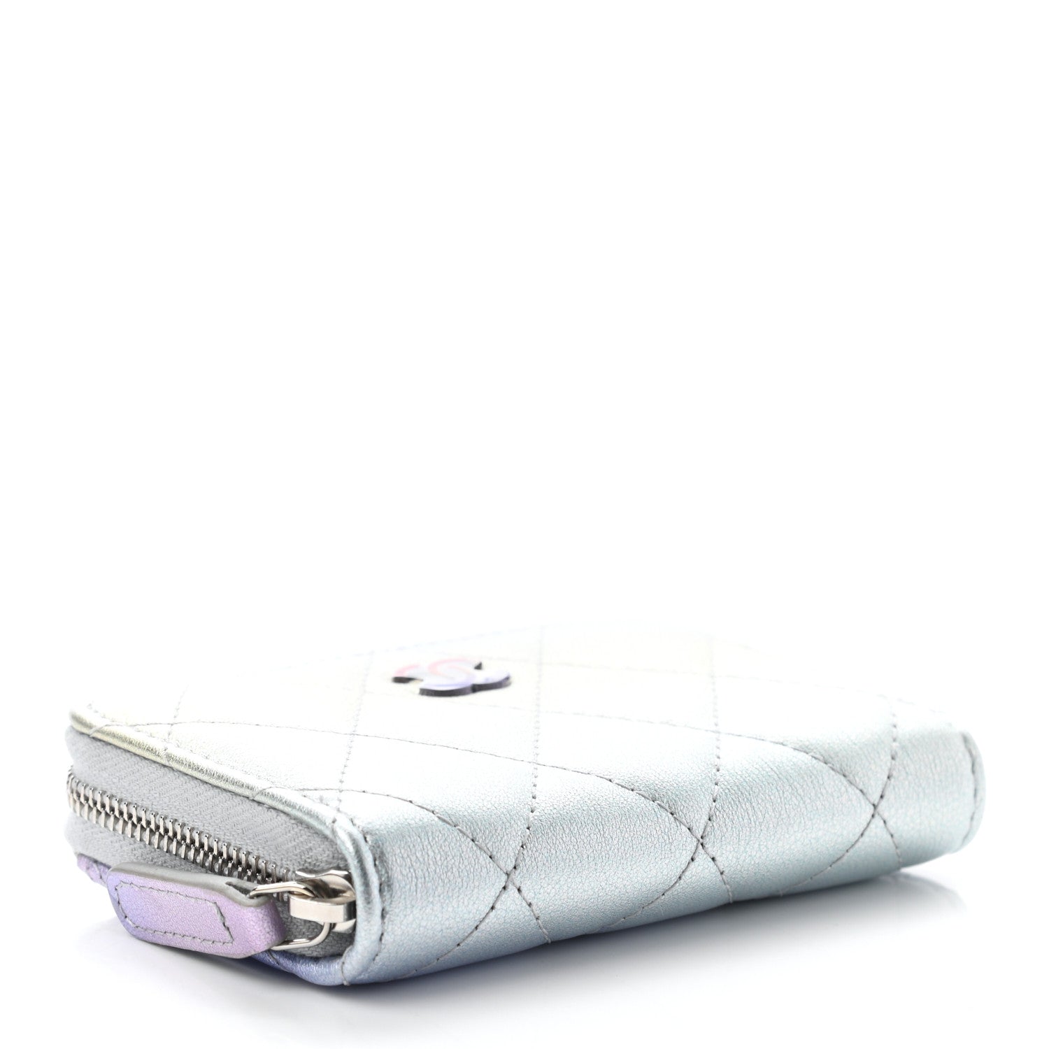 Chanel Gradient Metallic Calfskin Quilted Zip Around Coin Purse Wallet Silver Blue Yellow Purple 4 of 8
