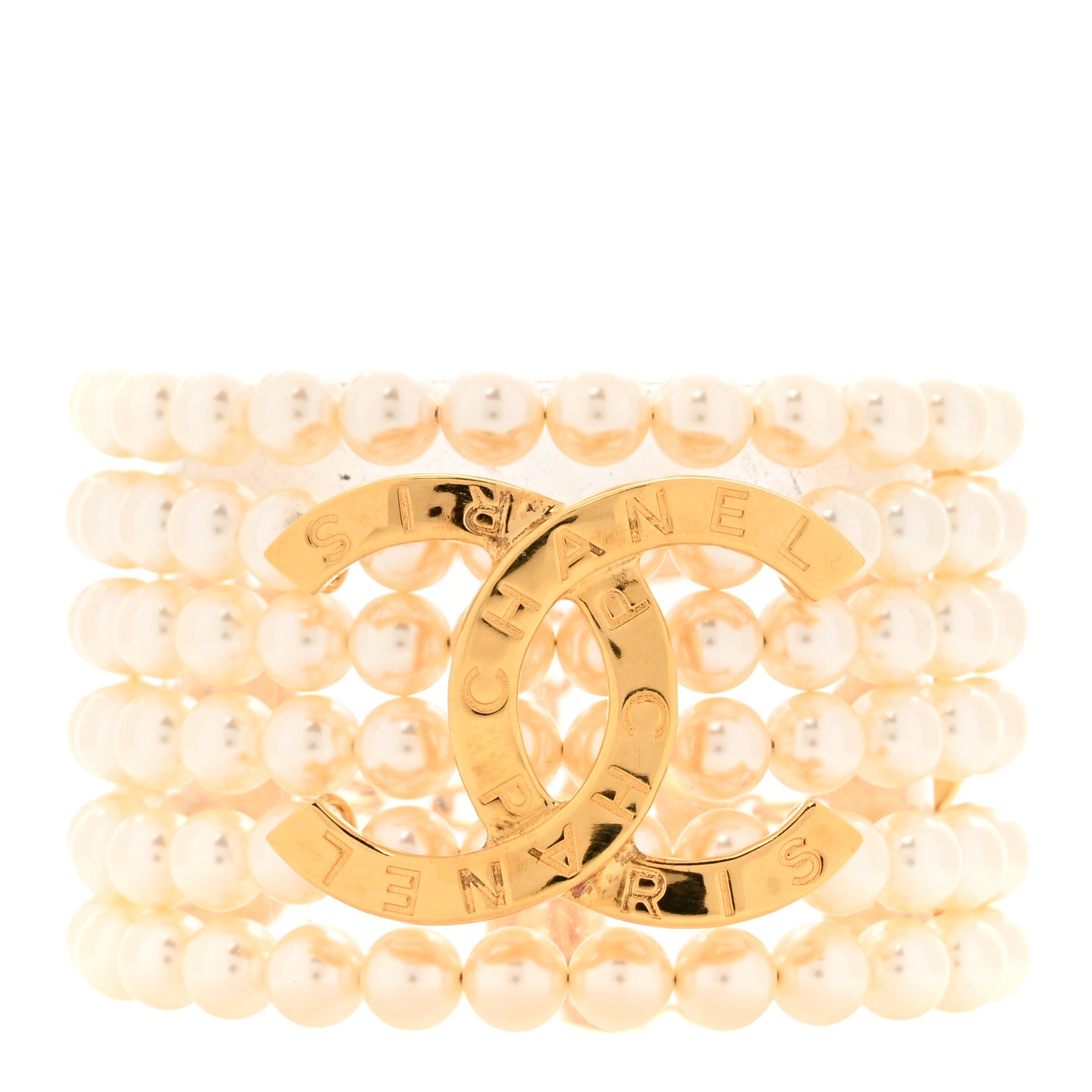 Chanel Pearl Metal CC Paris Button Multistrand Bracelet Gold White 1 of 6