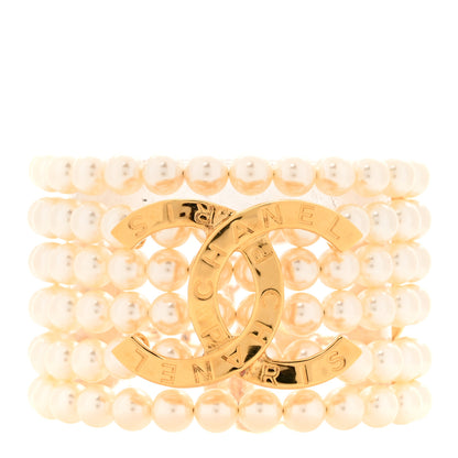 Chanel Pearl Metal CC Paris Button Multistrand Bracelet Gold White 1 of 6