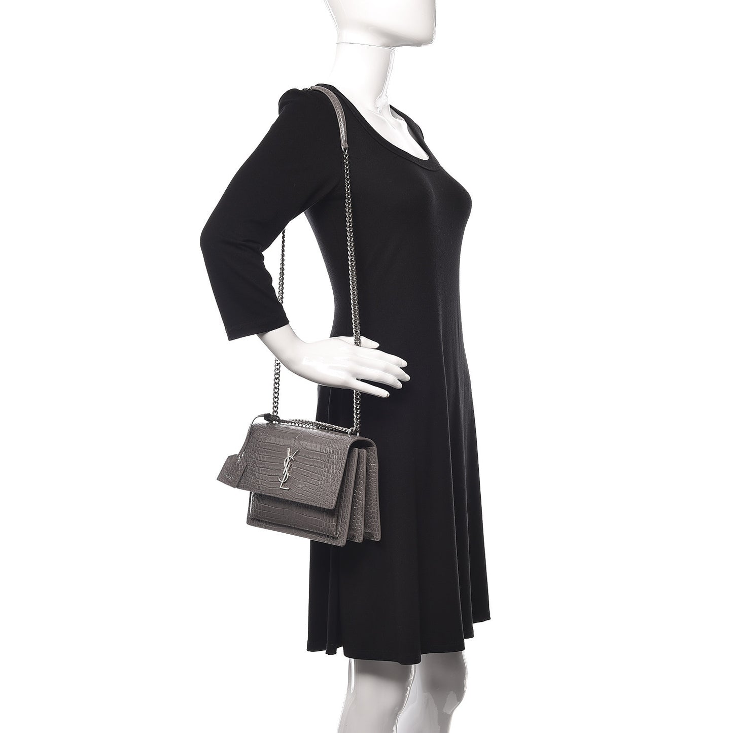 Calfskin Crocodile Embossed Medium Monogram Sunset Fog